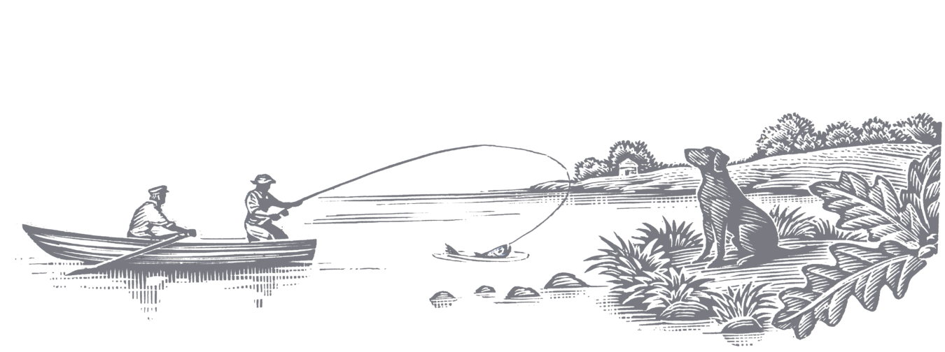 Woodcut by Andrew Davidson illustrating Milne Graden Fishing. Left bank has a cottage, two men can be seen in a rowing boat on the river and on the right bank the loyal Labrador waits their return.